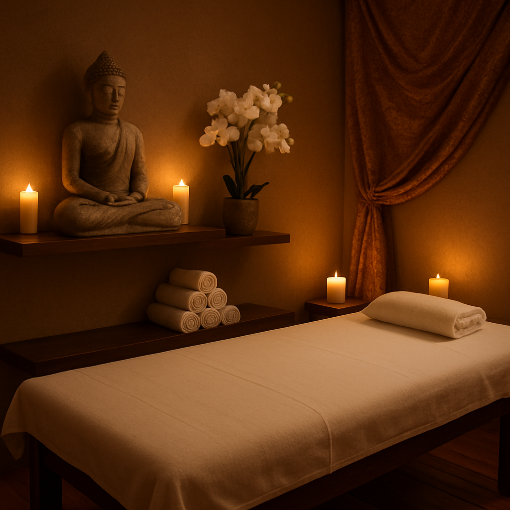 Tranquil SUKSIRI Thai massage therapy room with candles and orchids