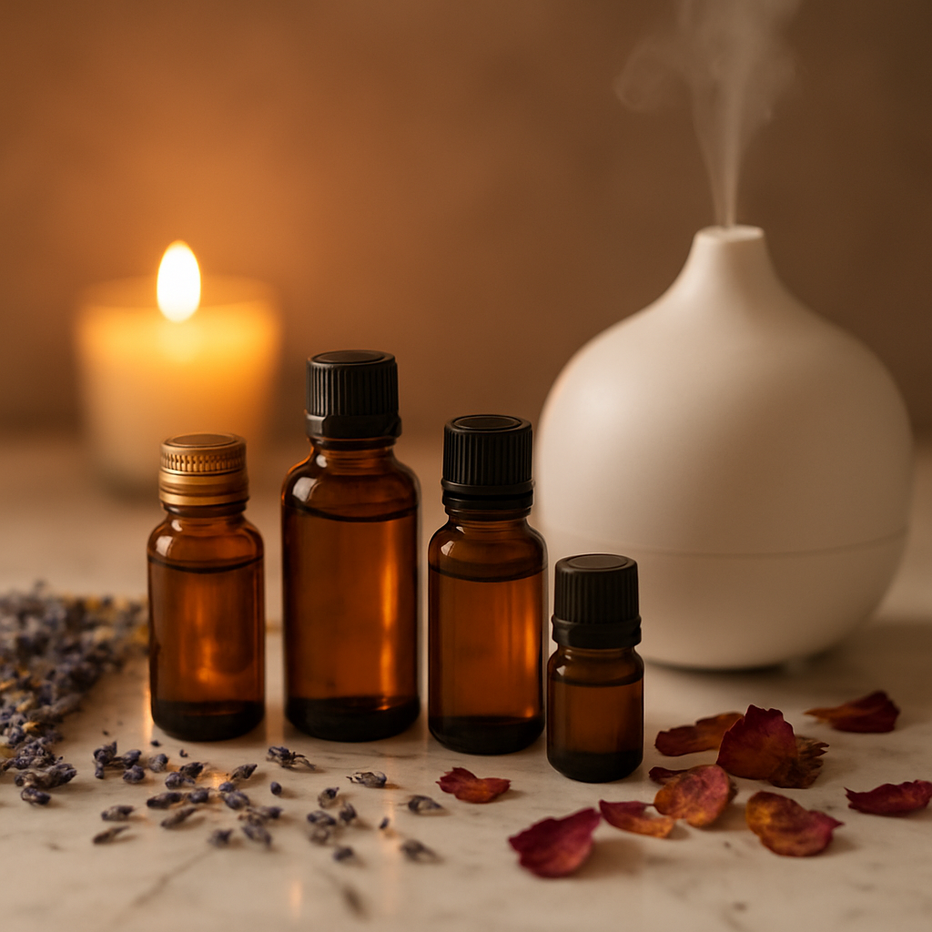 Aromatherapy essential oil bottles and dried lavender on marble