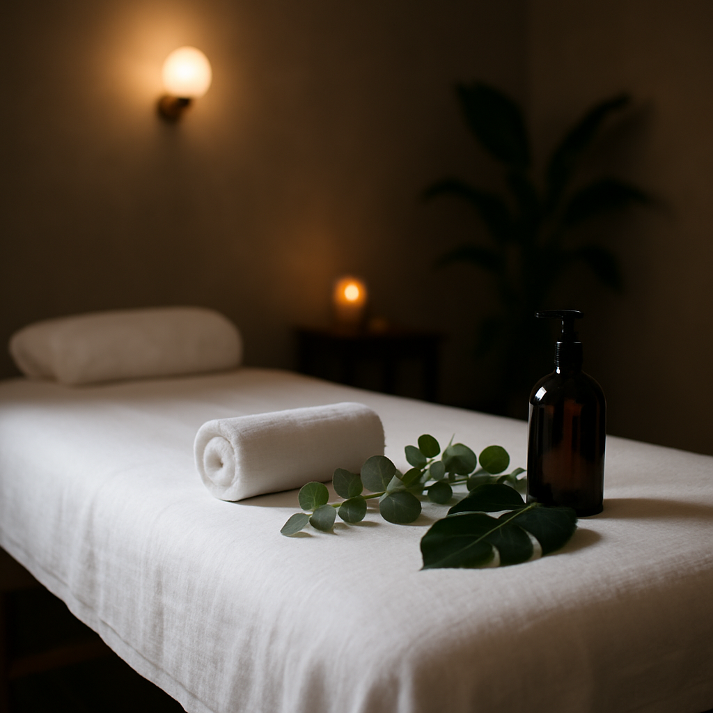 White massage table with eucalyptus branches and amber massage oil