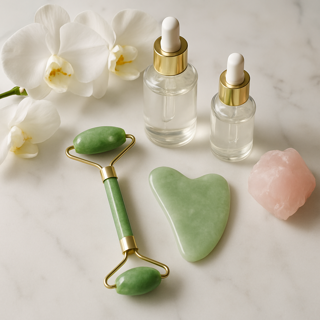 Jade roller, rose quartz gua sha, and skincare serums on white marble