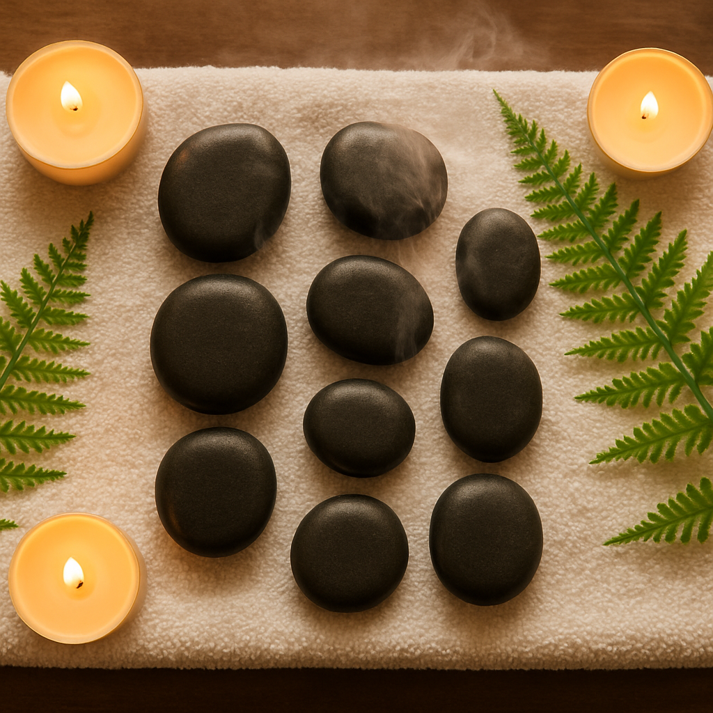 Hot black basalt massage stones arranged on a white spa towel