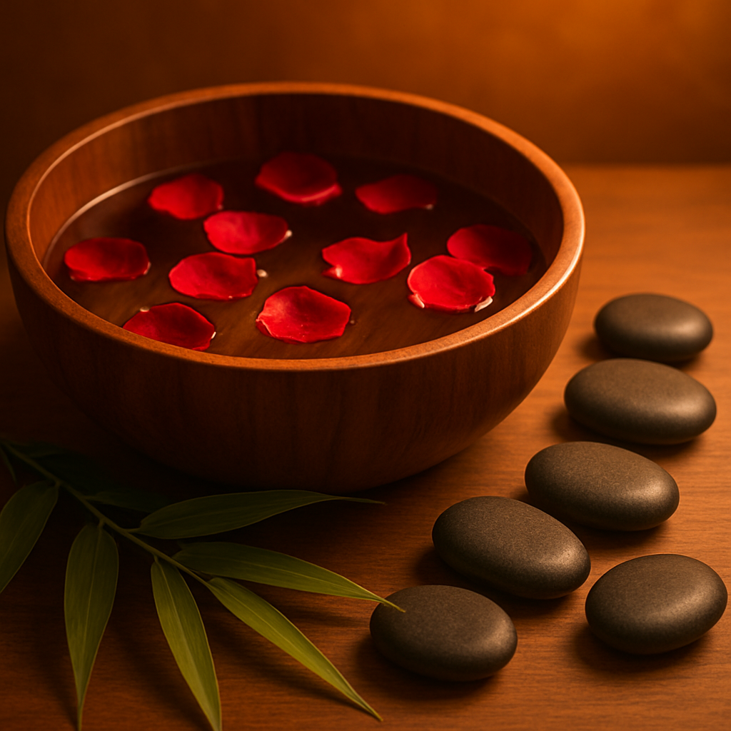 Wooden foot bath with rose petals and reflexology stones