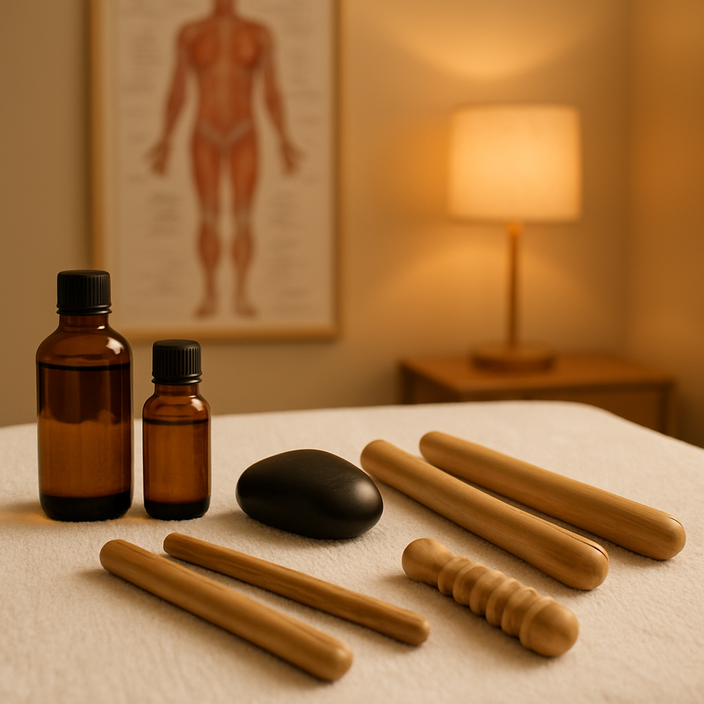 Professional remedial massage tools and oils on a white towel