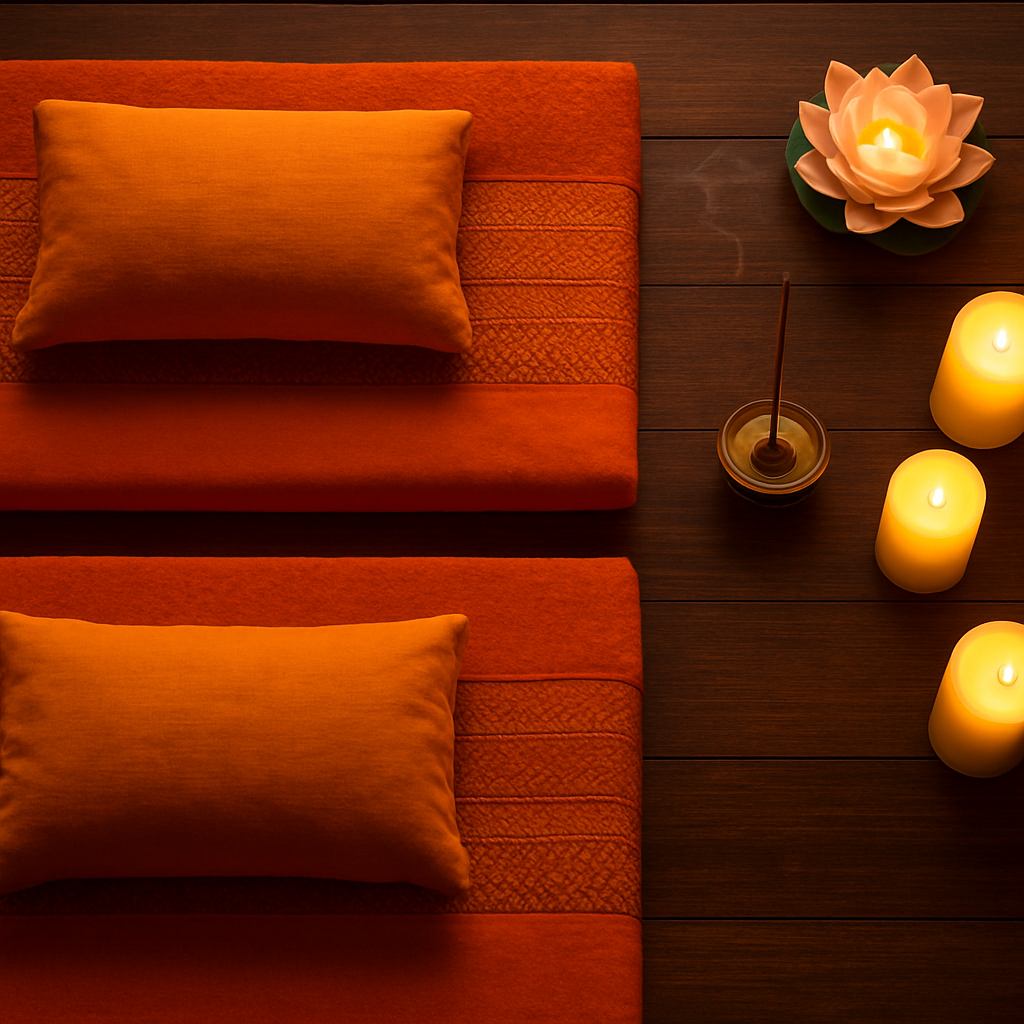 Saffron cushions and incense on a Thai massage mat